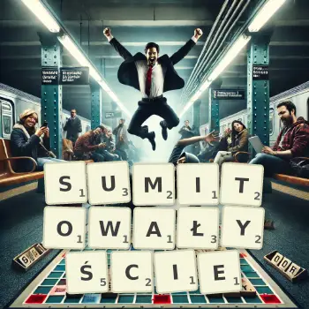 Kreatywna ilustracja do gry w Scrabble ze słowem SUMITOWAŁYŚCIE ułożonym z płytek na planszy.