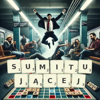 Kreatywna ilustracja do gry w Scrabble ze słowem SUMITUJĄCEJ ułożonym z płytek na planszy.
