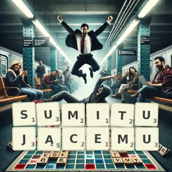 Kreatywna ilustracja do gry w Scrabble ze słowem SUMITUJĄCEMU ułożonym z płytek na planszy.