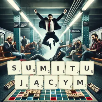 Kreatywna ilustracja do gry w Scrabble ze słowem SUMITUJĄCYM ułożonym z płytek na planszy.