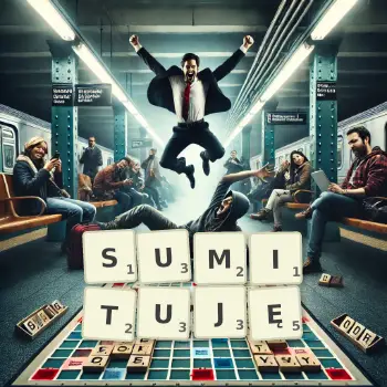 Kreatywna ilustracja do gry w Scrabble ze słowem SUMITUJĘ ułożonym z płytek na planszy.