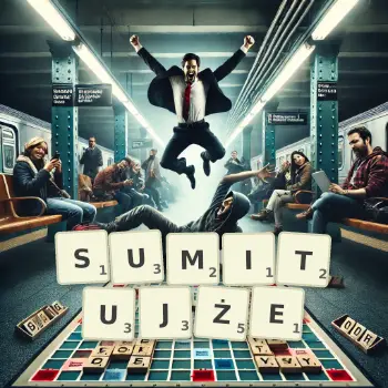 Kreatywna ilustracja do gry w Scrabble ze słowem SUMITUJŻE ułożonym z płytek na planszy.