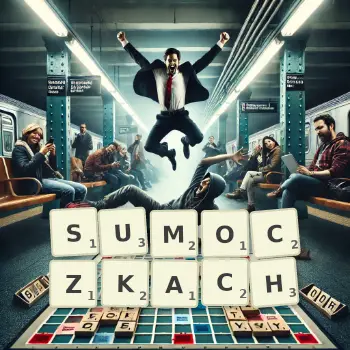 Kreatywna ilustracja do gry w Scrabble ze słowem SUMOCZKACH ułożonym z płytek na planszy.