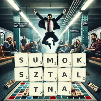 Kreatywna ilustracja do gry w Scrabble ze słowem SUMOKSZTALTNA ułożonym z płytek na planszy.