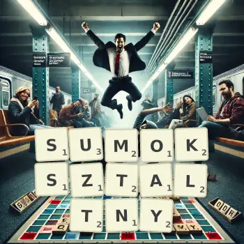 Kreatywna ilustracja do gry w Scrabble ze słowem SUMOKSZTALTNY ułożonym z płytek na planszy.