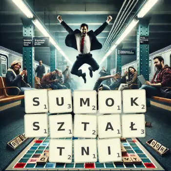 Kreatywna ilustracja do gry w Scrabble ze słowem SUMOKSZTAŁTNI ułożonym z płytek na planszy.