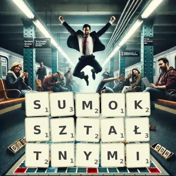 Kreatywna ilustracja do gry w Scrabble ze słowem SUMOKSZTAŁTNYMI ułożonym z płytek na planszy.
