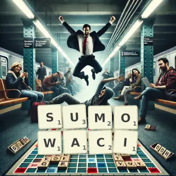 Kreatywna ilustracja do gry w Scrabble ze słowem SUMOWACI ułożonym z płytek na planszy.