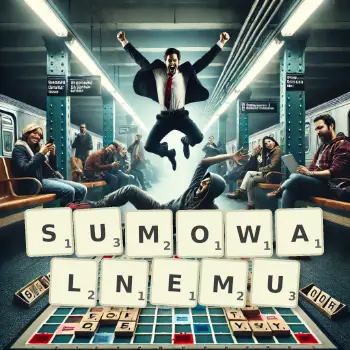 Kreatywna ilustracja do gry w Scrabble ze słowem SUMOWALNEMU ułożonym z płytek na planszy.