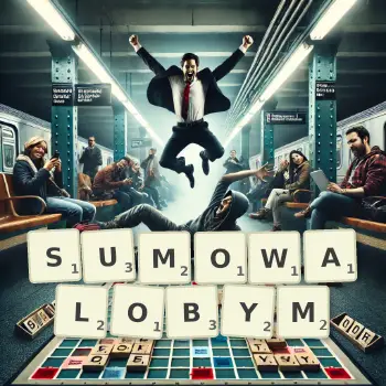 Kreatywna ilustracja do gry w Scrabble ze słowem SUMOWALOBYM ułożonym z płytek na planszy.