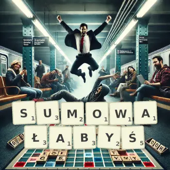 Kreatywna ilustracja do gry w Scrabble ze słowem SUMOWAŁABYŚ ułożonym z płytek na planszy.