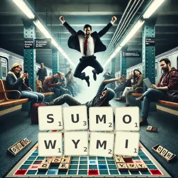 Kreatywna ilustracja do gry w Scrabble ze słowem SUMOWYMI ułożonym z płytek na planszy.