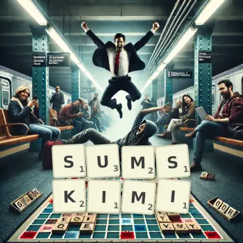 Kreatywna ilustracja do gry w Scrabble ze słowem SUMSKIMI ułożonym z płytek na planszy.