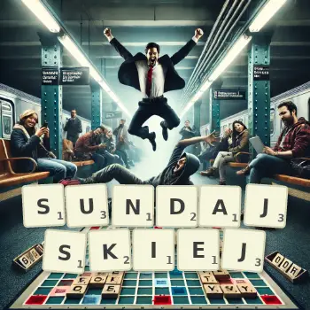 Kreatywna ilustracja do gry w Scrabble ze słowem SUNDAJSKIEJ ułożonym z płytek na planszy.