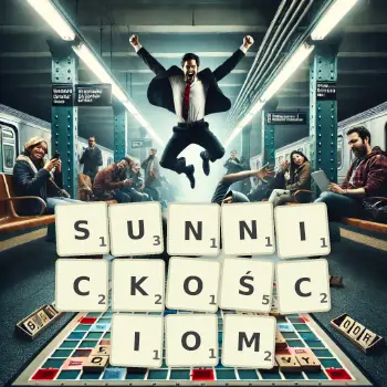 Kreatywna ilustracja do gry w Scrabble ze słowem SUNNICKOŚCIOM ułożonym z płytek na planszy.