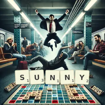 Kreatywna ilustracja do gry w Scrabble ze słowem SUNNY ułożonym z płytek na planszy.