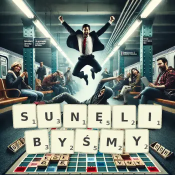 Kreatywna ilustracja do gry w Scrabble ze słowem SUNĘLIBYŚMY ułożonym z płytek na planszy.