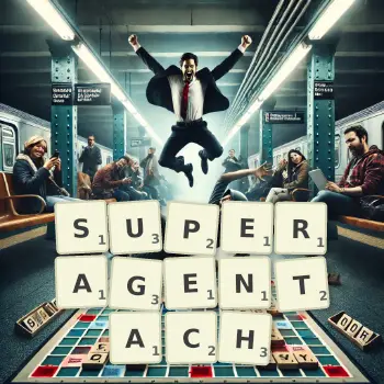 Kreatywna ilustracja do gry w Scrabble ze słowem SUPERAGENTACH ułożonym z płytek na planszy.