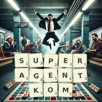 Kreatywna ilustracja do gry w Scrabble ze słowem SUPERAGENTKOM ułożonym z płytek na planszy.