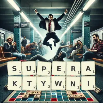 Kreatywna ilustracja do gry w Scrabble ze słowem SUPERAKTYWNI ułożonym z płytek na planszy.