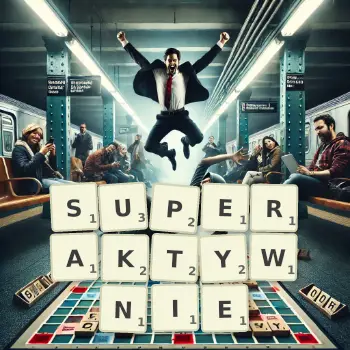 Kreatywna ilustracja do gry w Scrabble ze słowem SUPERAKTYWNIE ułożonym z płytek na planszy.
