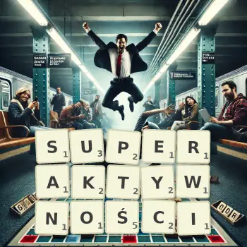 Kreatywna ilustracja do gry w Scrabble ze słowem SUPERAKTYWNOŚCI ułożonym z płytek na planszy.