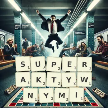 Kreatywna ilustracja do gry w Scrabble ze słowem SUPERAKTYWNYMI ułożonym z płytek na planszy.