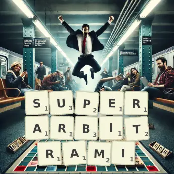 Kreatywna ilustracja do gry w Scrabble ze słowem SUPERARBITRAMI ułożonym z płytek na planszy.