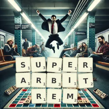 Kreatywna ilustracja do gry w Scrabble ze słowem SUPERARBITREM ułożonym z płytek na planszy.