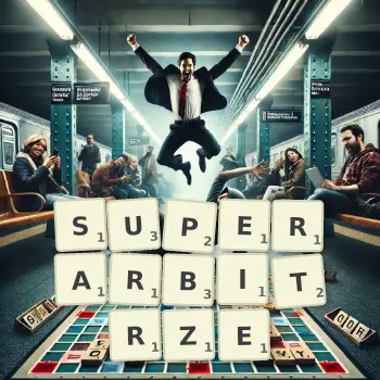 Kreatywna ilustracja do gry w Scrabble ze słowem SUPERARBITRZE ułożonym z płytek na planszy.