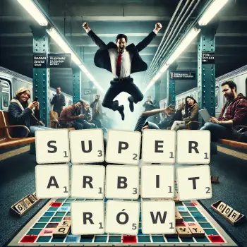 Kreatywna ilustracja do gry w Scrabble ze słowem SUPERARBITRÓW ułożonym z płytek na planszy.
