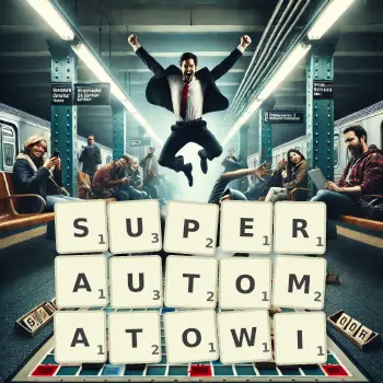 Kreatywna ilustracja do gry w Scrabble ze słowem SUPERAUTOMATOWI ułożonym z płytek na planszy.