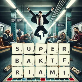 Kreatywna ilustracja do gry w Scrabble ze słowem SUPERBAKTERIAMI ułożonym z płytek na planszy.