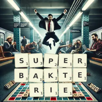 Kreatywna ilustracja do gry w Scrabble ze słowem SUPERBAKTERIE ułożonym z płytek na planszy.