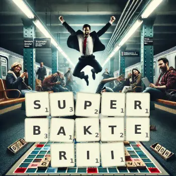 Kreatywna ilustracja do gry w Scrabble ze słowem SUPERBAKTERII ułożonym z płytek na planszy.