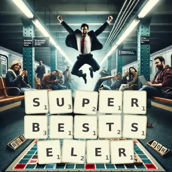 Kreatywna ilustracja do gry w Scrabble ze słowem SUPERBESTSELER ułożonym z płytek na planszy.