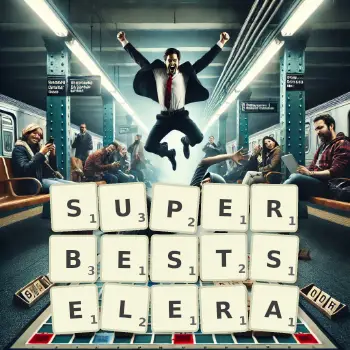 Kreatywna ilustracja do gry w Scrabble ze słowem SUPERBESTSELERA ułożonym z płytek na planszy.