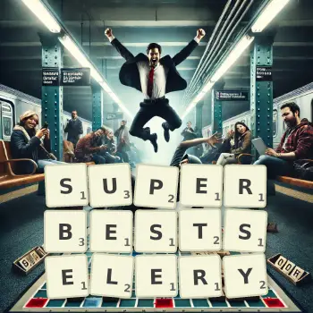 Kreatywna ilustracja do gry w Scrabble ze słowem SUPERBESTSELERY ułożonym z płytek na planszy.