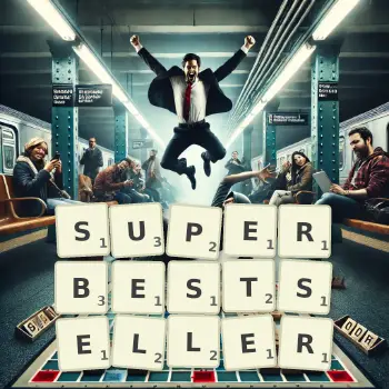 Kreatywna ilustracja do gry w Scrabble ze słowem SUPERBESTSELLER ułożonym z płytek na planszy.
