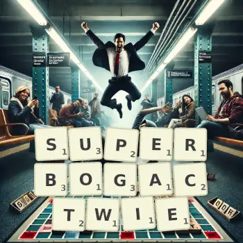 Kreatywna ilustracja do gry w Scrabble ze słowem SUPERBOGACTWIE ułożonym z płytek na planszy.