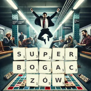 Kreatywna ilustracja do gry w Scrabble ze słowem SUPERBOGACZÓW ułożonym z płytek na planszy.