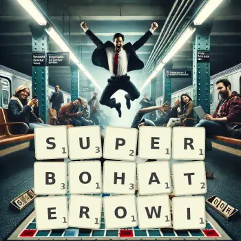 Kreatywna ilustracja do gry w Scrabble ze słowem SUPERBOHATEROWI ułożonym z płytek na planszy.