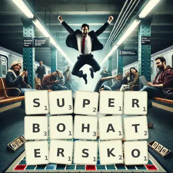Kreatywna ilustracja do gry w Scrabble ze słowem SUPERBOHATERSKO ułożonym z płytek na planszy.