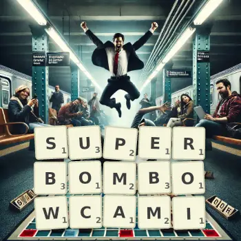 Kreatywna ilustracja do gry w Scrabble ze słowem SUPERBOMBOWCAMI ułożonym z płytek na planszy.