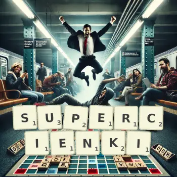 Kreatywna ilustracja do gry w Scrabble ze słowem SUPERCIENKI ułożonym z płytek na planszy.