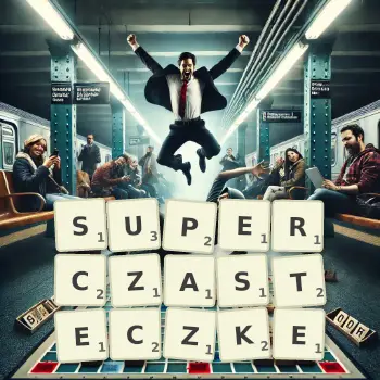 Kreatywna ilustracja do gry w Scrabble ze słowem SUPERCZASTECZKE ułożonym z płytek na planszy.