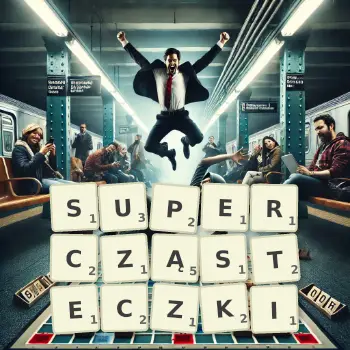 Kreatywna ilustracja do gry w Scrabble ze słowem SUPERCZĄSTECZKI ułożonym z płytek na planszy.