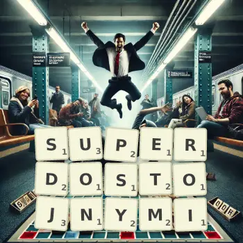 Kreatywna ilustracja do gry w Scrabble ze słowem SUPERDOSTOJNYMI ułożonym z płytek na planszy.