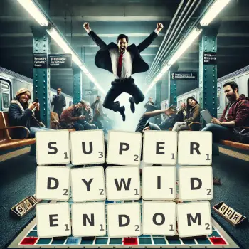 Kreatywna ilustracja do gry w Scrabble ze słowem SUPERDYWIDENDOM ułożonym z płytek na planszy.