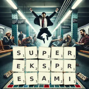 Kreatywna ilustracja do gry w Scrabble ze słowem SUPEREKSPRESAMI ułożonym z płytek na planszy.